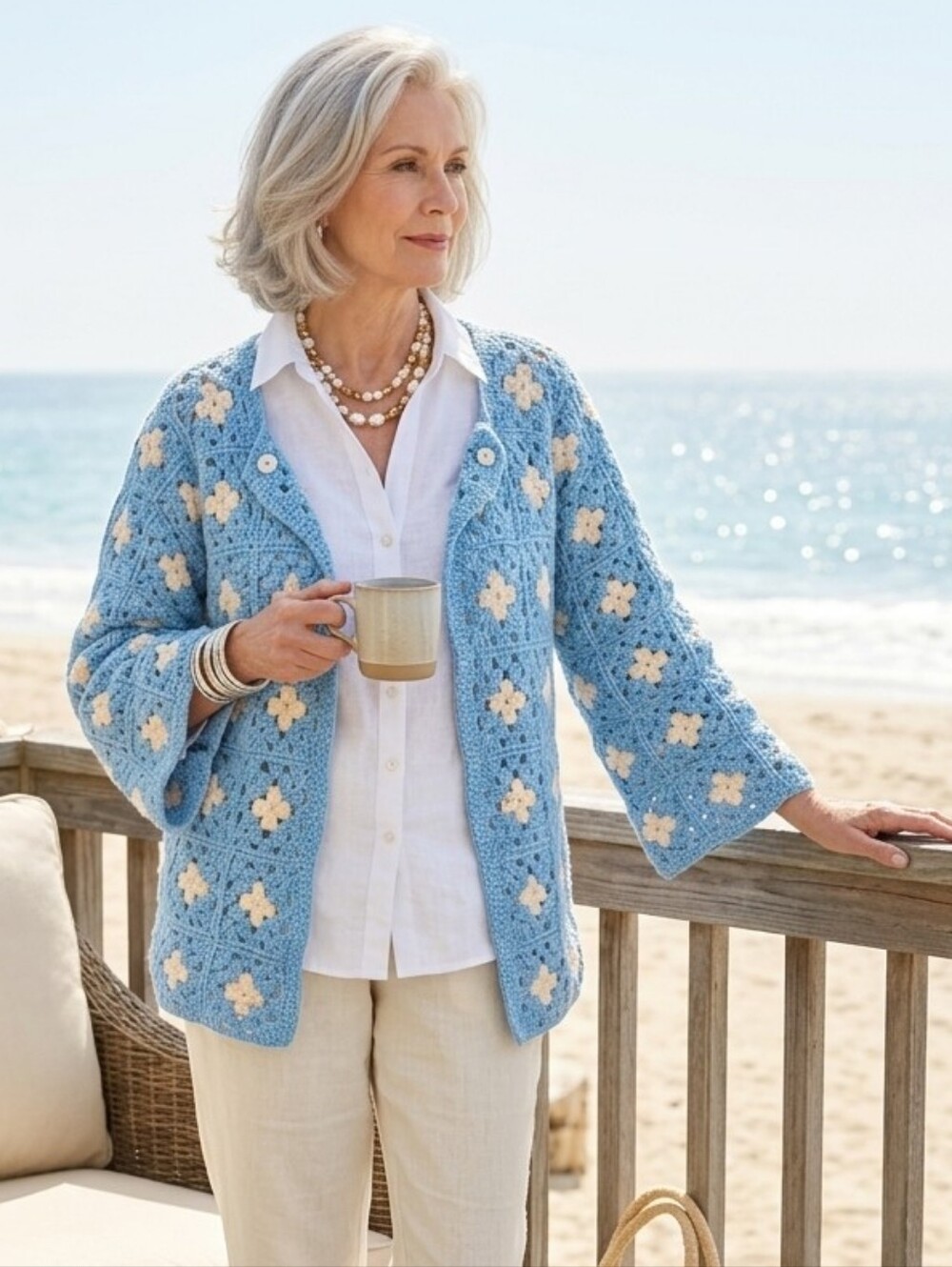 VTG Handmade Granny Square Crochet Cardigan Blue White Oversized OS - Picture 3 of 13